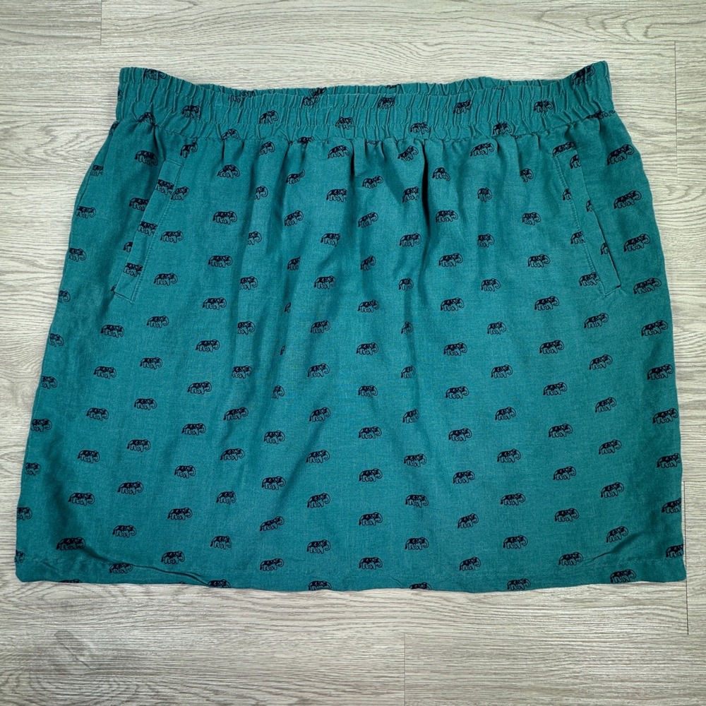 LOFT Womens Skirt XL Green Linen Blend Elephant Print Elastic Waist Pockets Mini
